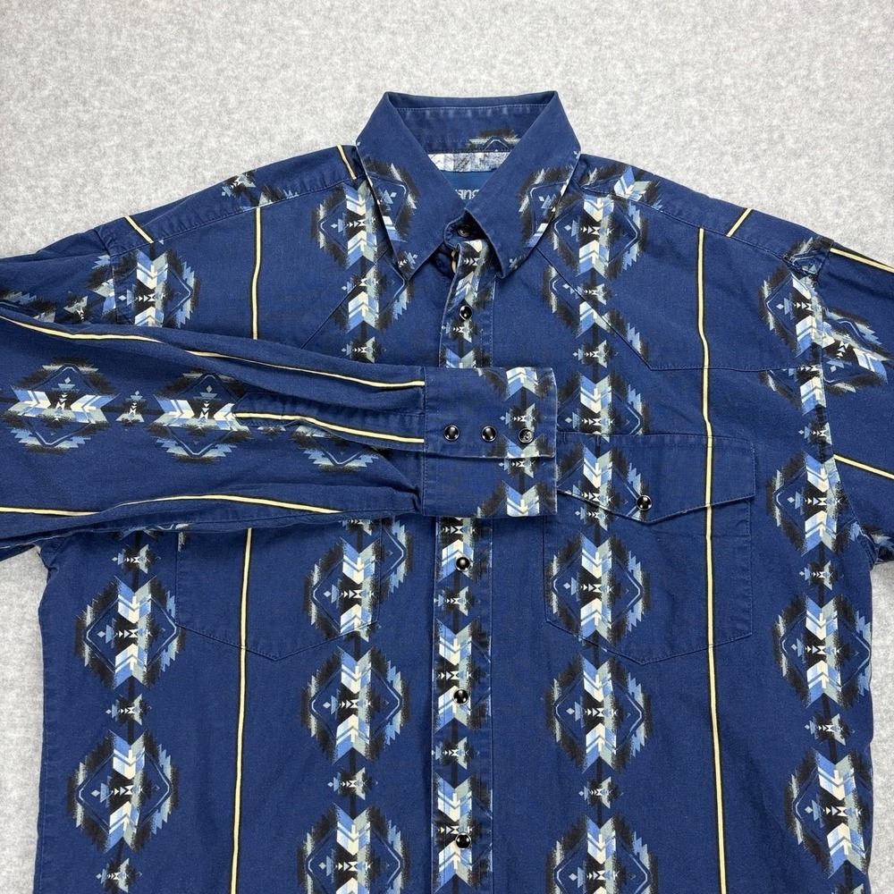 Wrangler Western Shirt Mens M Blue Classic Aztec‎ Pearl Snap Southwestern Cowboy